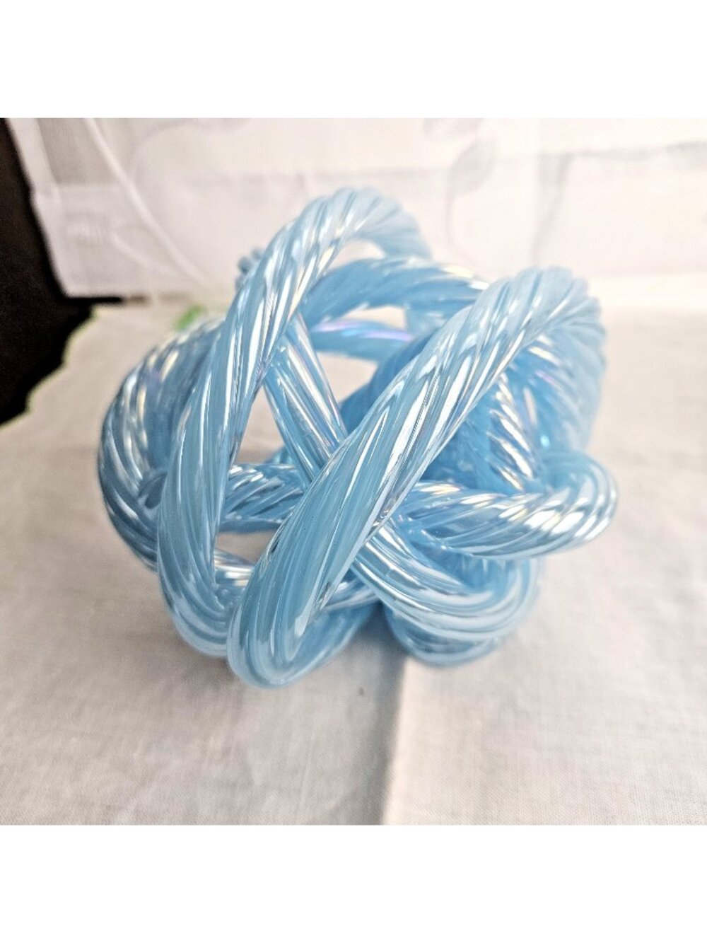 Hand Blown Art Glass Infinity Rope Sculpture Sky Blue Twisted Knot